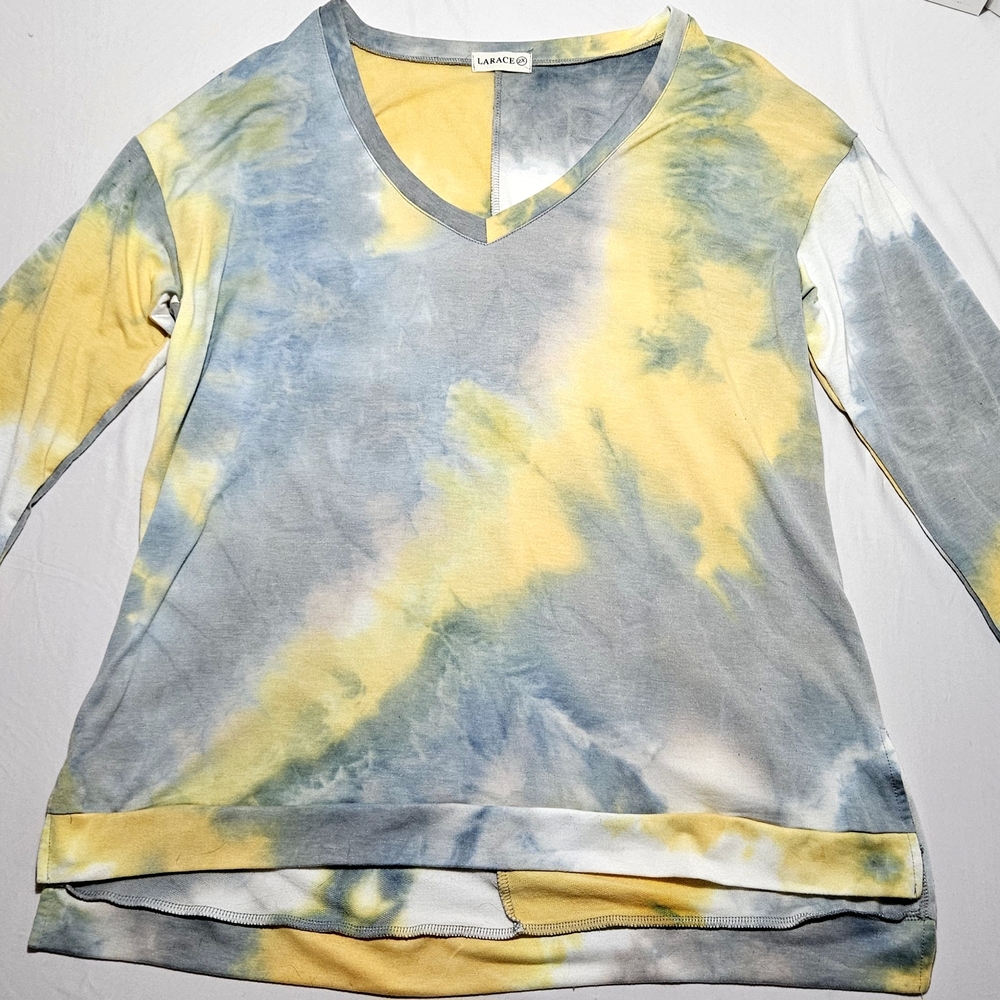 Larace 2X Women's Tie-Dye Long Sleeve Top –Yellow Gray Blue – V-Neck Tunic Style